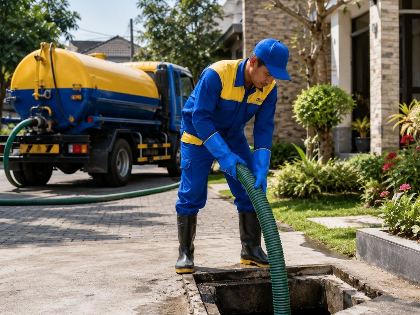 Ilustrasi proses penyedotan septic tank dengan selang vakum